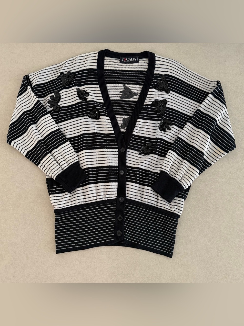VINTAGE Escada Margaretha Ley 100% Cotton Striped Sequin Cardigan Sweater 42/ 12